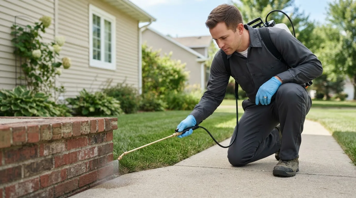Pest control technician treating a home near Saint Vincent, MN